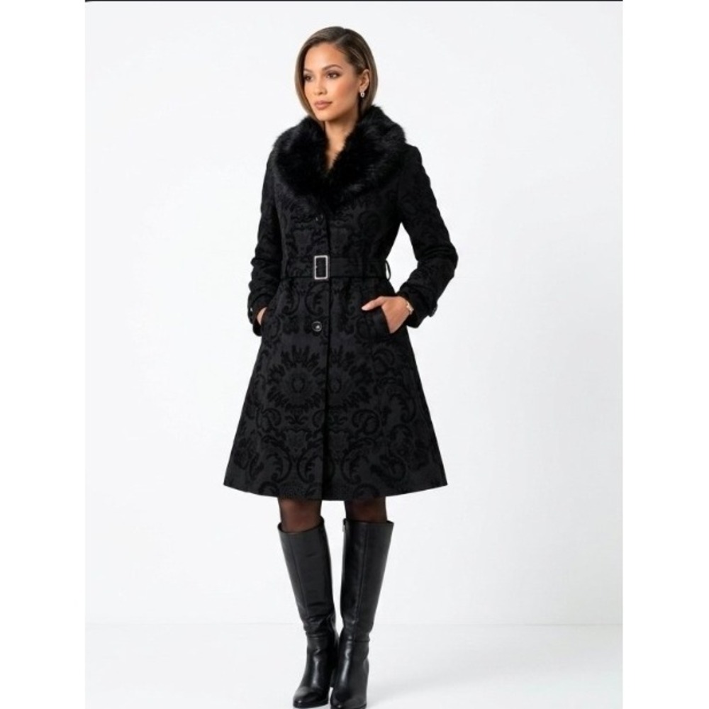 Giacca Black Trench Coat Size L Gothic Damask Flocked Faux Fur Belted Victorian